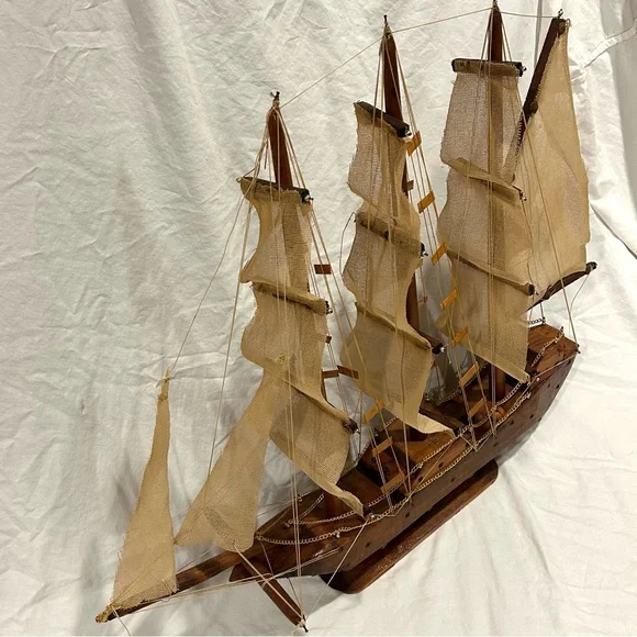 Vintage Sailboat Huge Handmade Multi Fabric Sail Boat Wooden Wood